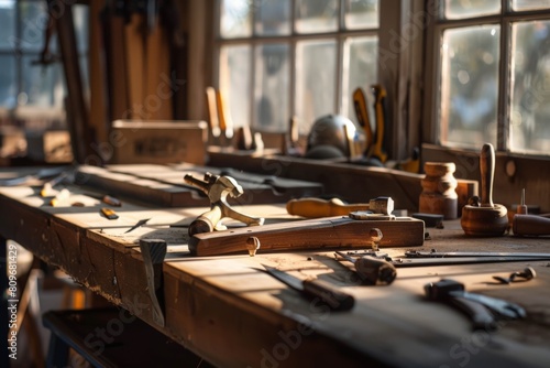 A close-up of a workbench bathed in warm afternoon light, tools resting as if awaiting the craftspersons return