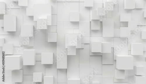 A modern 3D rendered image of white cubes protruding from a wall creating a uniform texture