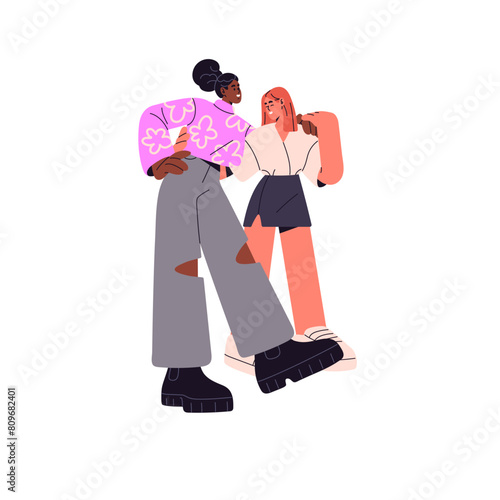 Best friends walk together. Happy girls, besties hug, put hands on each other's shoulders. People, fellows smile, laughing. International female friendship. Flat isolated vector illustration on white