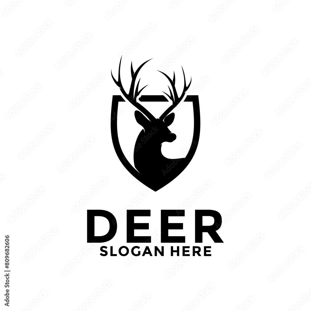 Deer and shield logo design template. deer head logo icon, deer shield icon vector Deer and shield logo design template. deer head logo icon, deer shield icon vector