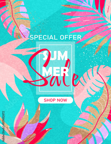 Summer discount, vertical poster with tropical elements.