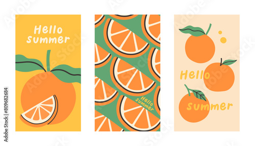 Summer poster orange set in flat style. Art for poster, postcard, wall art, banner background