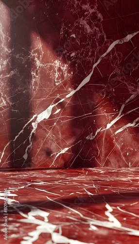  Red marble and white crack background with shadow and light effects. Background for product presentation on a table in a studio. Mockup template for design  print or artwork