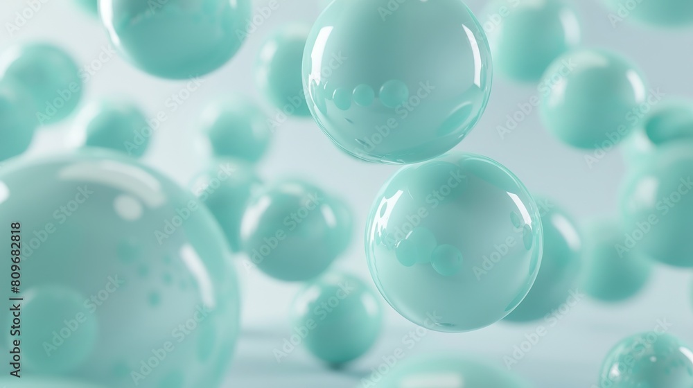 A myriad of buoyant teal spheres with subtle reflections float effortlessly against a bright, refreshing background