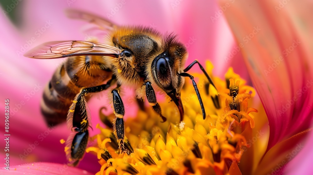 A bee pollinates a flower. The bee is covered in pollen. The flower is pink and yellow. The bee is black and yellow. The flower has a lot of pollen. A bee pollinates a flower. The bee is covered in pollen. The flower is pink and yellow. The bee is black and yellow. The flower has a lot of pollen.