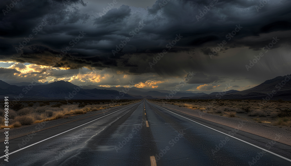 Naklejka premium straight asphalt road going into mountains on he horizon, heavy dark clouds above mountains