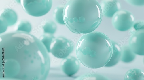 A myriad of buoyant teal spheres with subtle reflections float effortlessly against a bright  refreshing background