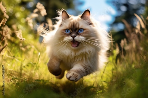 Lifestyle portrait photography of a smiling ragdoll cat pouncing isolated in beautiful nature scene
