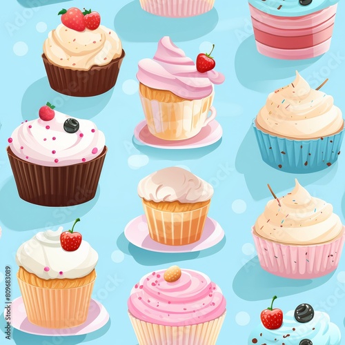 A variety of delicious cupcakes with different toppings on a blue background.