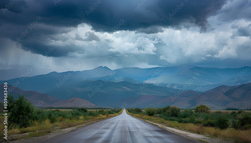 straight asphalt road going into mountains on he horizon, heavy dark clouds above mountains straight asphalt road going into mountains on he horizon, heavy dark clouds above mountains