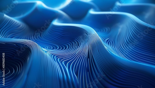 This image features an artistic digital representation of a landscape with flowing blue waves creating a sense of movement and depth