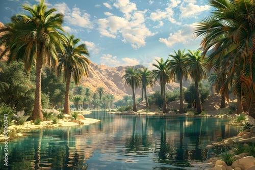 A river with palm trees and a mountain in view