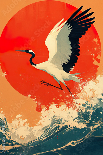 A Chinese crane flies in the middle of an orange-red sun background. and the side is the sea, poster style