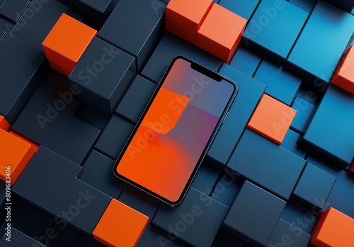 Modern smartphone with a reflective orange screen surrounded by a 3D pattern of blue and orange cubes