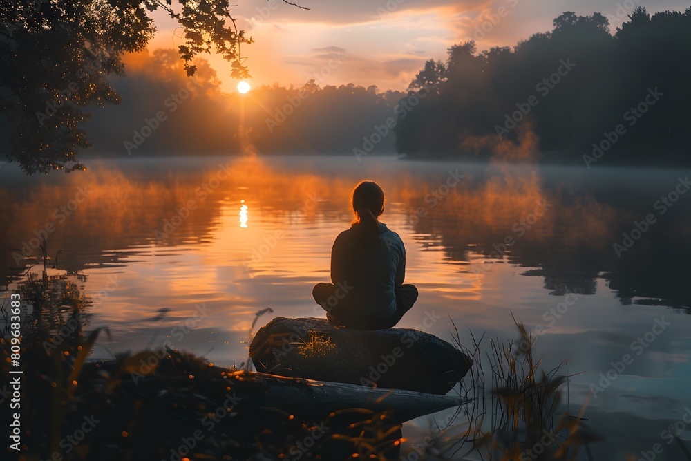 Woman sitting on a rock by lake at sunset Woman sitting on a rock by lake at sunset