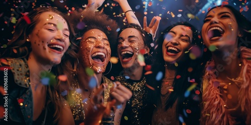 Group of friends having a blast with confetti at a party, depicting fun and celebration with joyful expressions