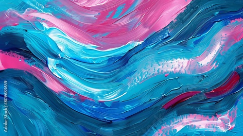 A canvas filled with thick, textural strokes of blue and pink paint creating a visually striking abstract piece photo