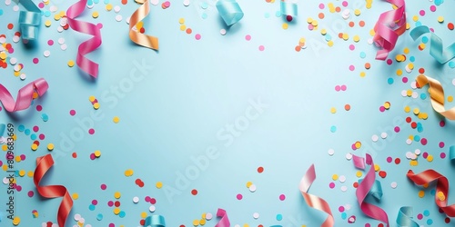 A festive and joyous image capturing ribbons and confetti scattered across a vivid blue backdrop suggesting celebrations