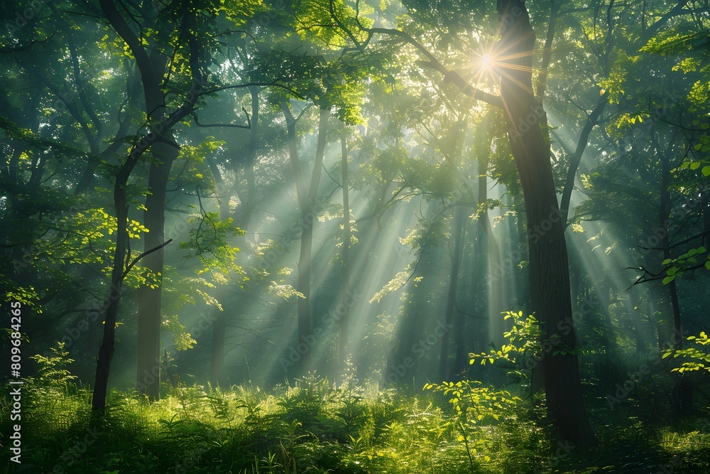 Sunlight filtering through trees in lush forest with greenery