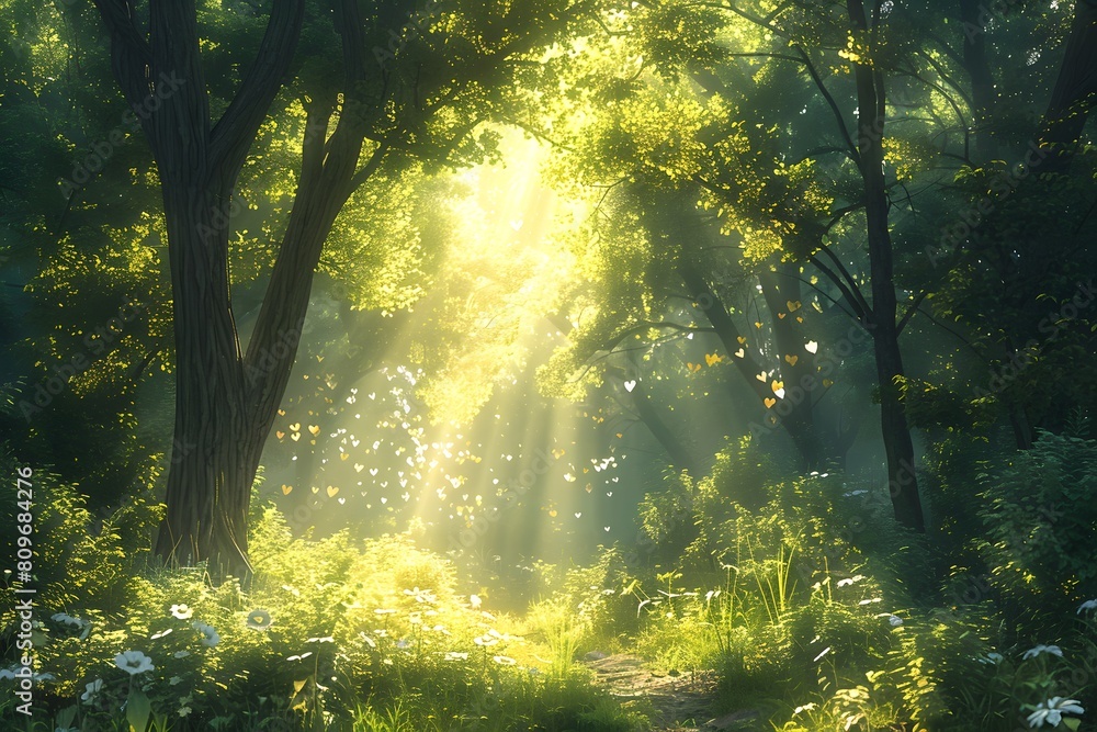 Sunlit path in forest with trees and foliage