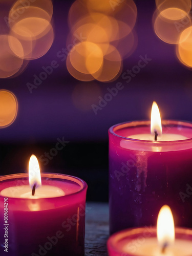 Sacred Illumination, Flaming Pink Candles Cast Warmth on Blurred Purple Scene