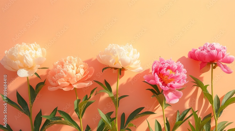 Fototapeta premium Beautiful peonies on a peach fuzz color background