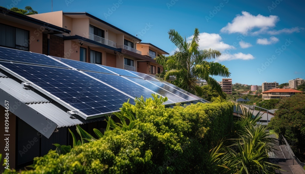 A solar panel array installed on the roof of a residential house, harnessing sunlight to generate clean energy A solar panel array installed on the roof of a residential house, harnessing sunlight to generate clean energy