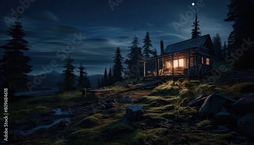 A cabin nestled in the woods under a full moon, illuminated by its own wind and solar energy sources