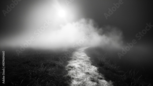 A path leading into a thick fog  suggesting an unknown adventure
