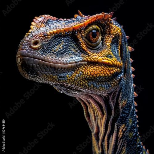 Beautiful dinosaur looking at the camera on a black background.