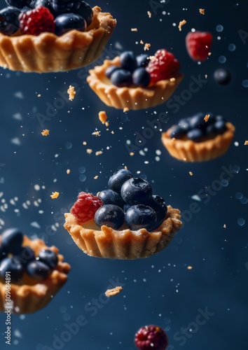 Flying tasty tartlets on a blue background