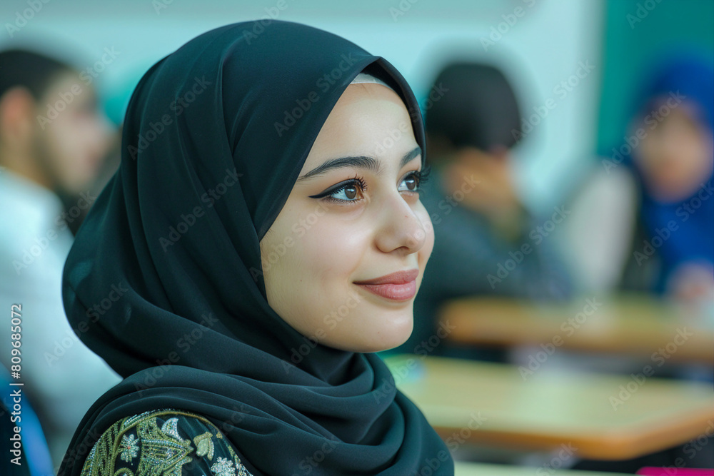 Generative AI illustration of charming abaric woman in hijab headscarf, religious woman in modern world Generative AI illustration of charming abaric woman in hijab headscarf, religious woman in modern world