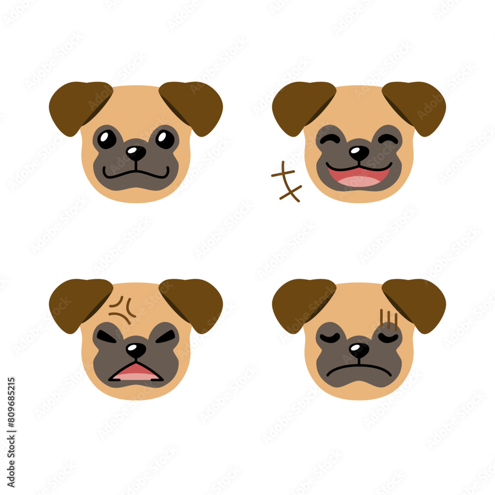 Set of character cute pug dog faces showing different emotions for design. Set of character cute pug dog faces showing different emotions for design.