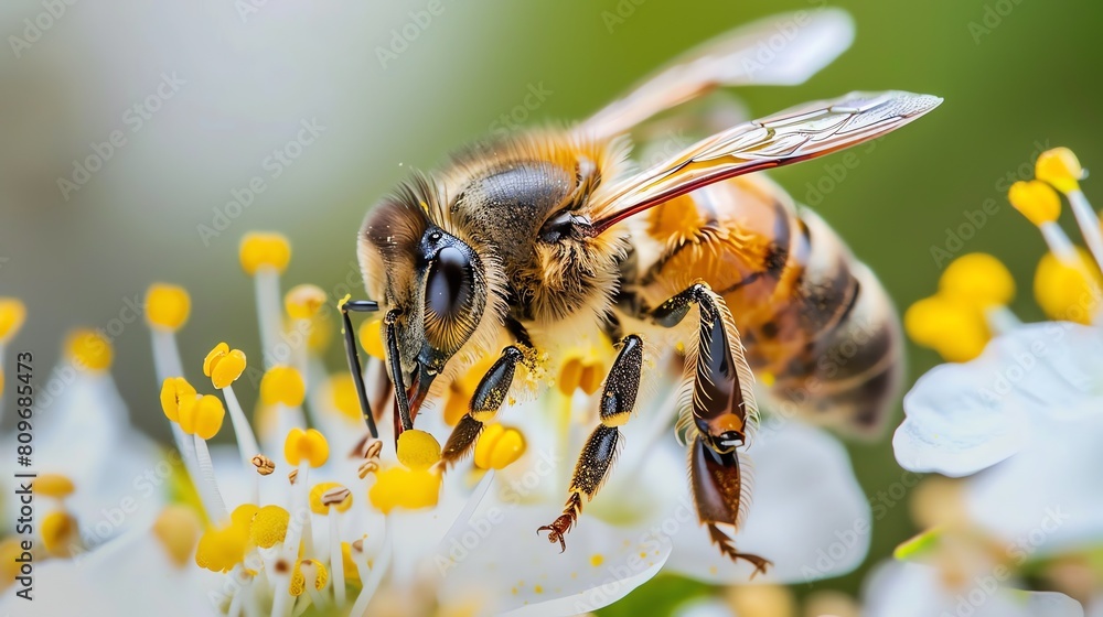 A bee pollinating a flower. The bee is covered in pollen and the flower is in focus. The background is blurred. A bee pollinating a flower. The bee is covered in pollen and the flower is in focus. The background is blurred.