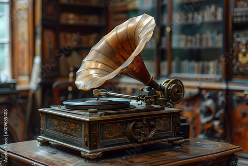 An old gramophone on table in room