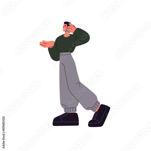 Person communicates with mobile phone call. Young man holds smartphone in hand, talks on the go. Guy speak, chats with telephone while walk. Flat isolated vector illustration on white background