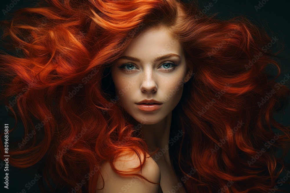 Captivating portrait of a woman with vibrant red hair flowing around her face, highlighting her striking blue eyes