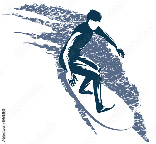 vector black and white drawing of a surfer on a board riding the waves at sea