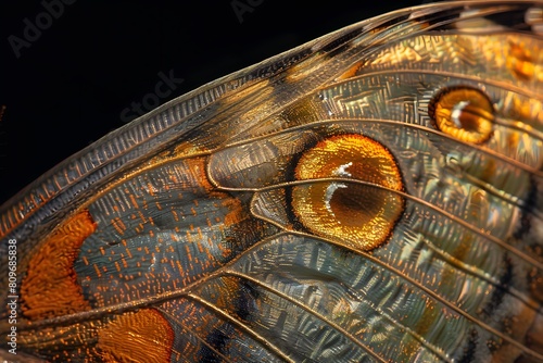 Close-up of a butterfly wing showcasing a vibrant yellow eye photo