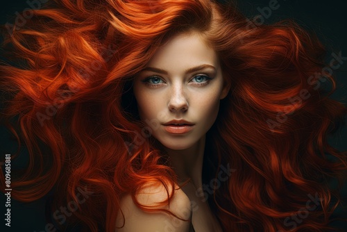 Captivating portrait of a woman with vibrant red hair flowing around her face, highlighting her striking blue eyes