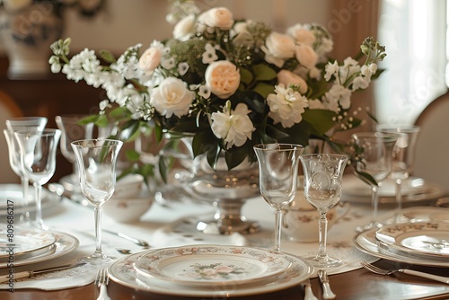 Table set with flower vase and plates