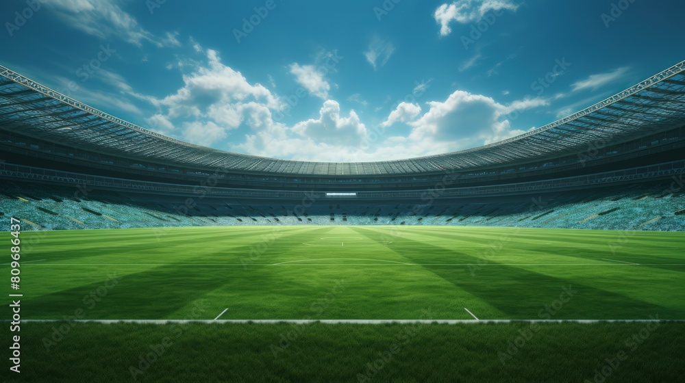 Fototapeta premium Wide-angle view of the lawn in a soccer stadium.