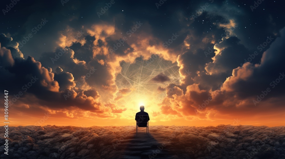 A lonely man sits in a chair in a fantasy landscape with a shining cloudy sky. A lonely man sits in a chair in a fantasy landscape with a shining cloudy sky.