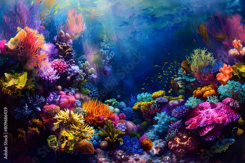 Colorful painting of a coral reef with exotic fish and vibrant corals