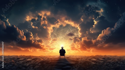 A lonely man sits in a chair in a fantasy landscape with a shining cloudy sky.