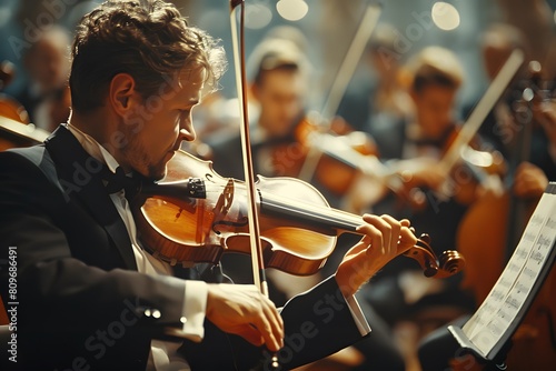 Man in a tuxedo playing violin in orchestra photo
