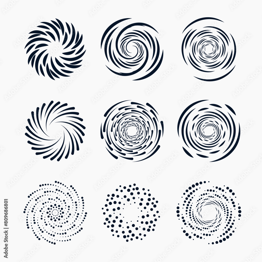 Set of spiral elements. Spiral icon set. Swirl, helix, gyre, curl, loop symbol. Flat design. Vector illustration Set of spiral elements. Spiral icon set. Swirl, helix, gyre, curl, loop symbol. Flat design. Vector illustration