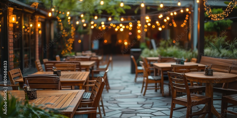 Naklejka premium An empty outdoor café adorned with string lights gives off an inviting atmosphere