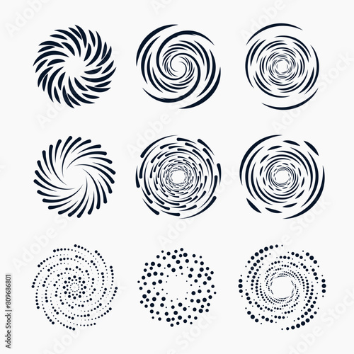 Set of spiral elements. Spiral icon set. Swirl, helix, gyre, curl, loop symbol. Flat design. Vector illustration photo