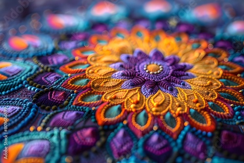 A close up of a colorful embroidered design on a table